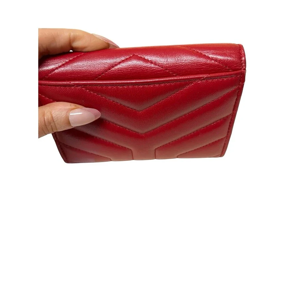 YSL Saint Laurent Leather Red Compact Wallet Card Case Box Duster & Tags